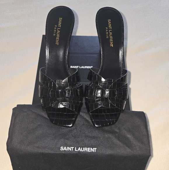 Saint Laurent Tribute Black  Croc-Embossed Mules - Picture 1 of 4